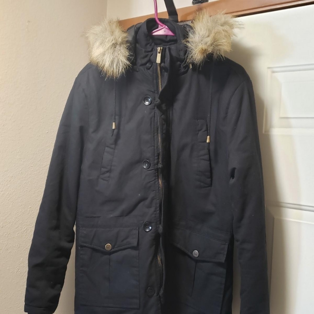 Black winter coat with fur hood